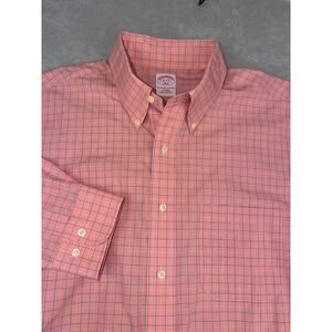 Brooks Brothers 346 Mens 16X34/35 Salmon Pink Blue Tattersall Non-Iron Shirt